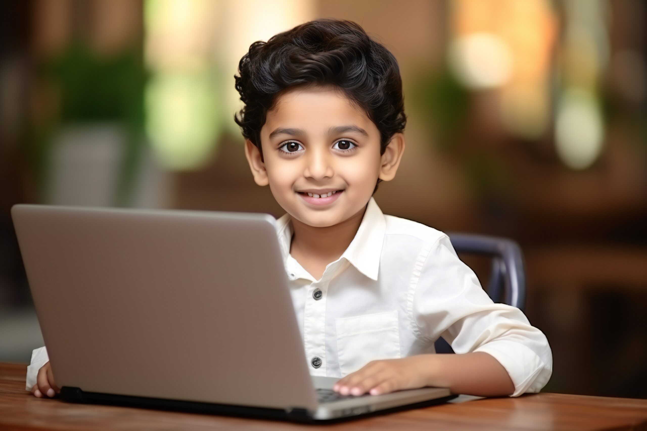 small indian kid/boy studying using laptop or playing games, study online. generative ai
